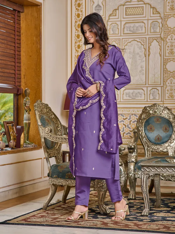 Blue_Embroidered_Chanderi_Kurta_With_Pant_&_Dupatta_Set_|_For_Women