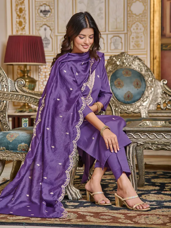 Blue_Embroidered_Chanderi_Kurta_With_Pant_&_Dupatta_Set_|_For_Women