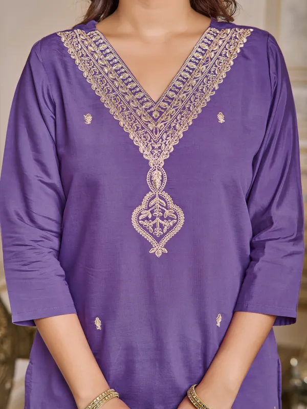 Blue_Embroidered_Chanderi_Kurta_With_Pant_&_Dupatta_Set_|_For_Women