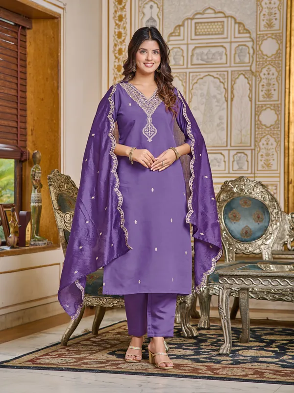 Blue_Embroidered_Chanderi_Kurta_With_Pant_&_Dupatta_Set_|_For_Women