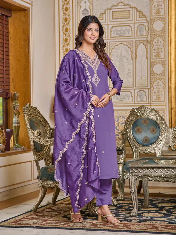 Blue_Embroidered_Chanderi_Kurta_With_Pant_&_Dupatta_Set_|_For_Women