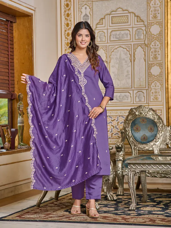 Blue_Embroidered_Chanderi_Kurta_With_Pant_&_Dupatta_Set_|_For_Women