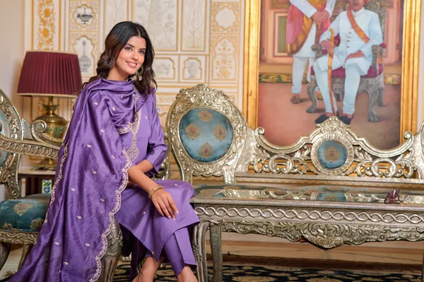 Blue_Embroidered_Chanderi_Kurta_With_Pant_&_Dupatta_Set_|_For_Women