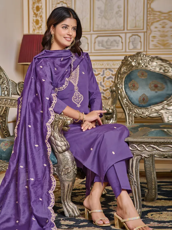 Blue_Embroidered_Chanderi_Kurta_With_Pant_&_Dupatta_Set_|_For_Women