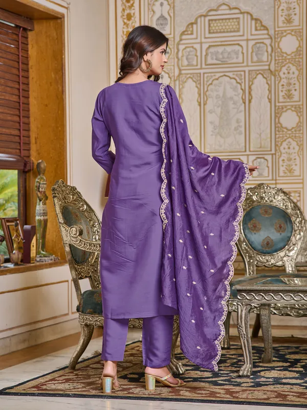 Blue_Embroidered_Chanderi_Kurta_With_Pant_&_Dupatta_Set_|_For_Women