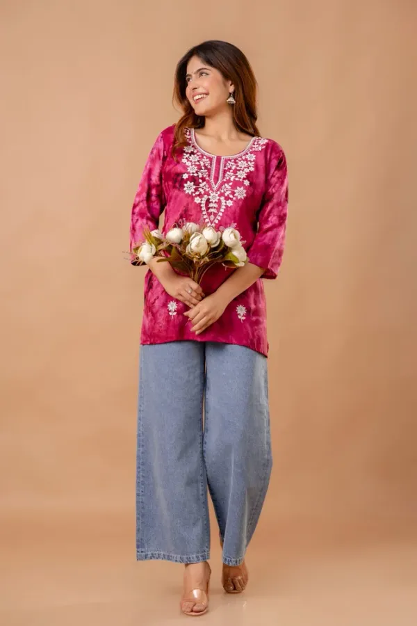 Pink_Rayon_Embroidered_Short_Kurti_|_For_Women