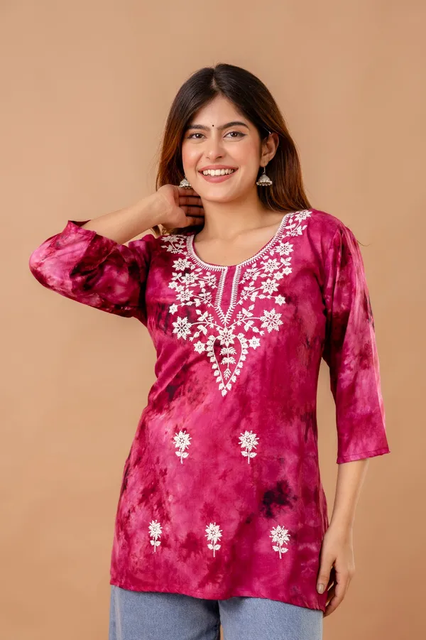 Pink_Rayon_Embroidered_Short_Kurti_|_For_Women