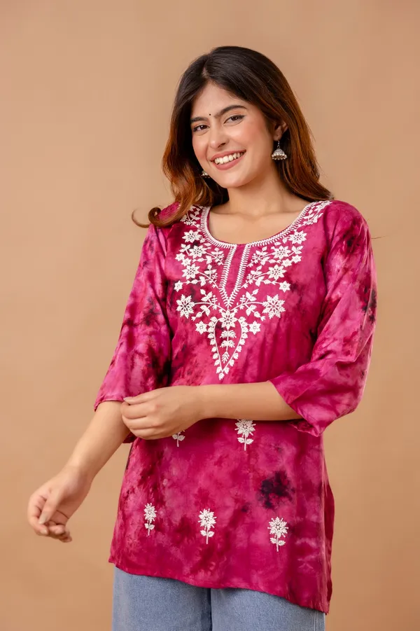 Pink_Rayon_Embroidered_Short_Kurti_|_For_Women
