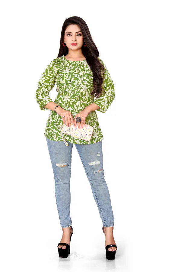 Green_Printed_Round_Neck_Rayon_Short_Kurti_|_For_Women