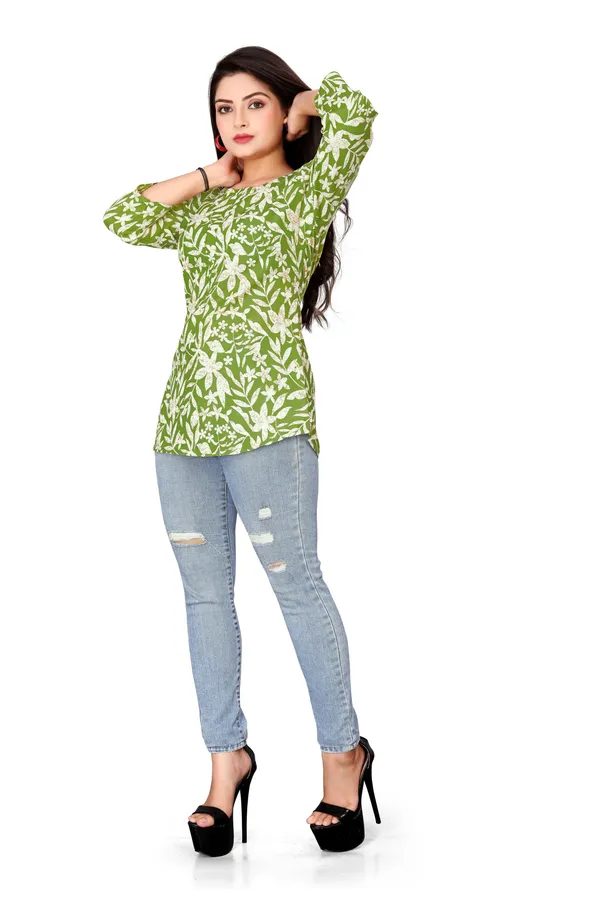 Green_Printed_Round_Neck_Rayon_Short_Kurti_|_For_Women