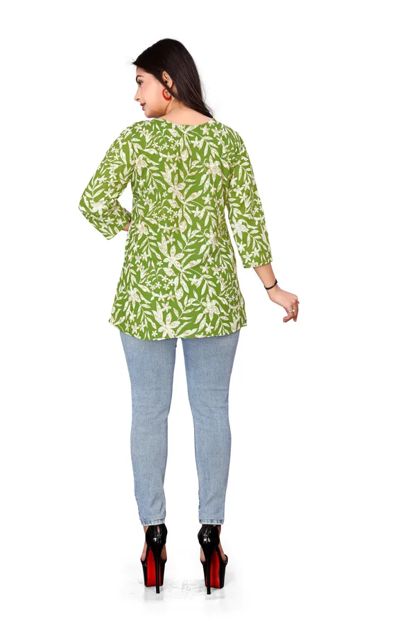 Green_Printed_Round_Neck_Rayon_Short_Kurti_|_For_Women