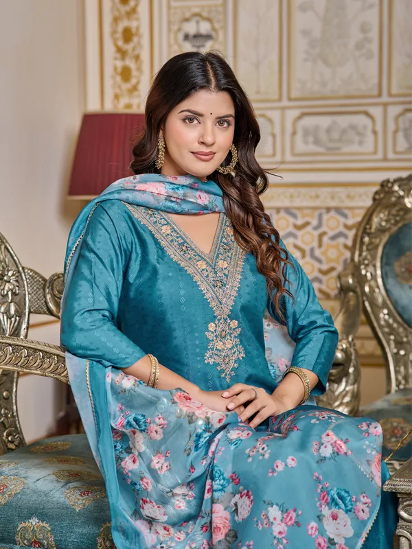 Teal_Blue_Viscose_Rayon_Embroidered_Kurta_With_Pant_&_Dupatta_Set_|_For_Women