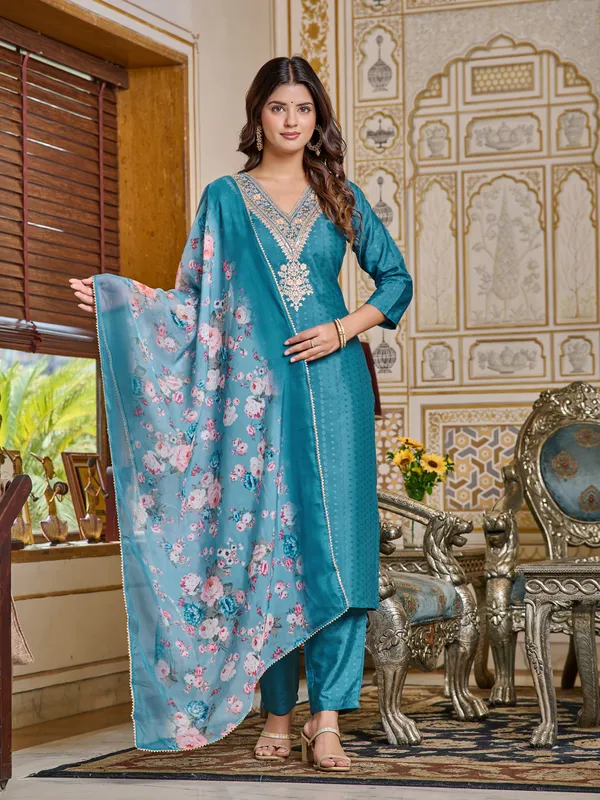 Teal_Blue_Viscose_Rayon_Embroidered_Kurta_With_Pant_&_Dupatta_Set_|_For_Women