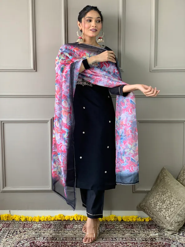 Black_Rayon_Slub_Embroidered_Kurta_With_Pant_&_Dupatta_Set_|_For_Women