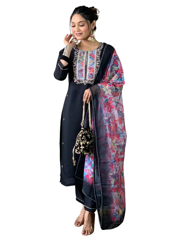 Black_Rayon_Slub_Embroidered_Kurta_With_Pant_&_Dupatta_Set_|_For_Women