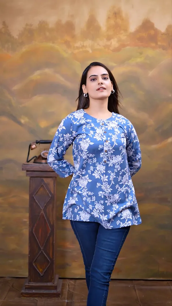 Blue_Cotton_Blend_Printed_Round_Neck_Rayon_Short_Kurti_|_For_Women
