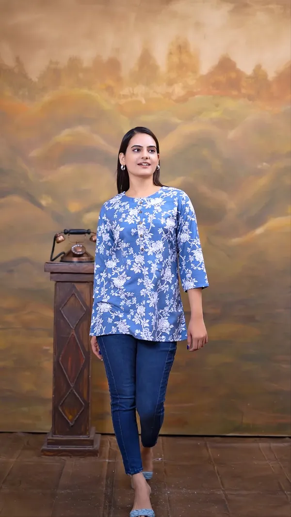 Blue_Cotton_Blend_Printed_Round_Neck_Rayon_Short_Kurti_|_For_Women