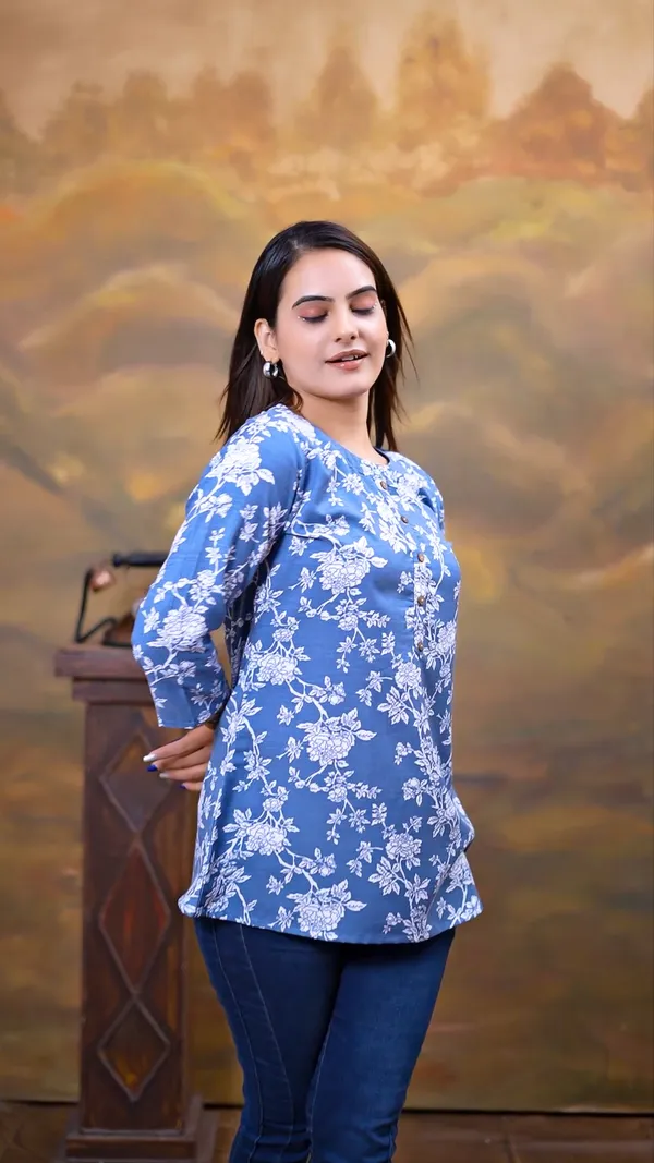 Blue_Cotton_Blend_Printed_Round_Neck_Rayon_Short_Kurti_|_For_Women