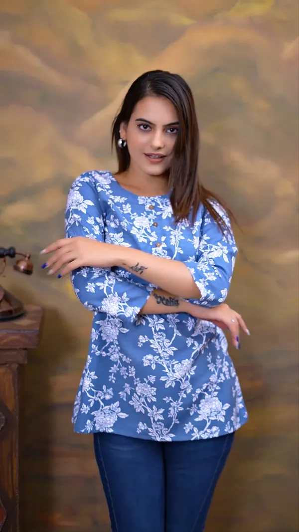Blue_Cotton_Blend_Printed_Round_Neck_Rayon_Short_Kurti_|_For_Women