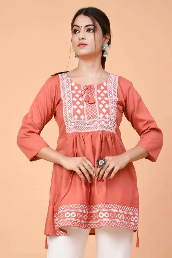 Orange_Embroidered_Round_Neck_Short_Kurti_|_For_Women