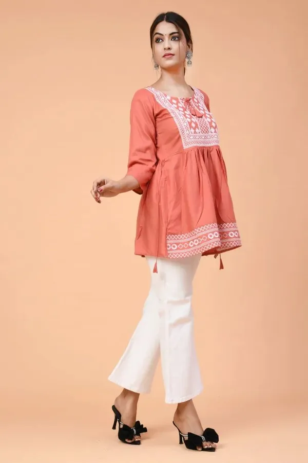Orange_Embroidered_Round_Neck_Short_Kurti_|_For_Women