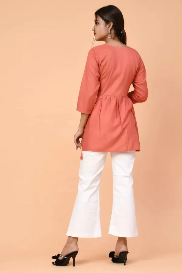 Orange_Embroidered_Round_Neck_Short_Kurti_|_For_Women