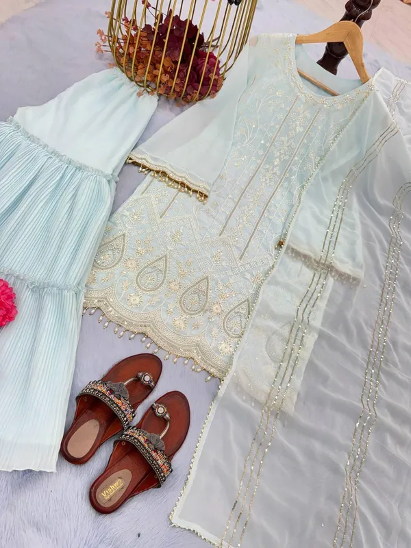 Aqua_Blue_Designer_Readymade_Top_Plazzo_&_Dupatta_For_Women