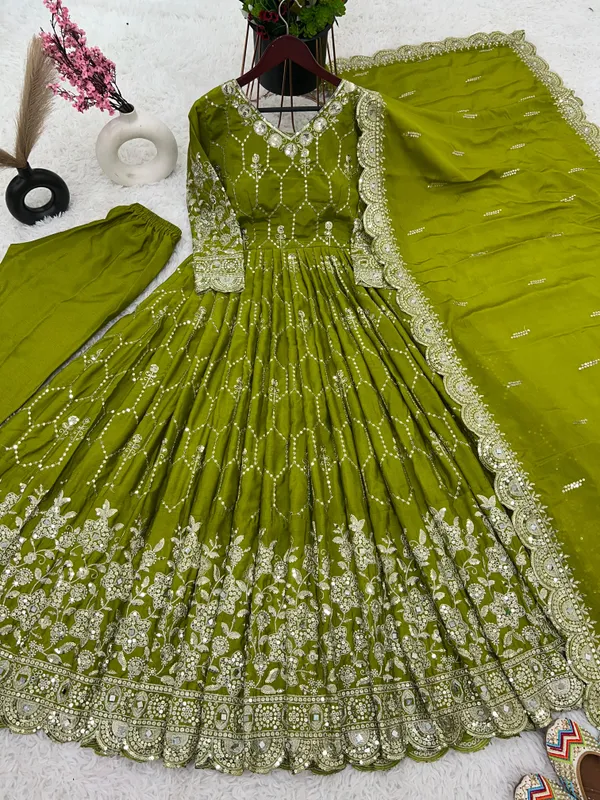 Parrot_Designer_Party_Wear_Look_Full_Heavy_Embroidery_Sequence_Work_Gown_With_Dupatta_For_Women