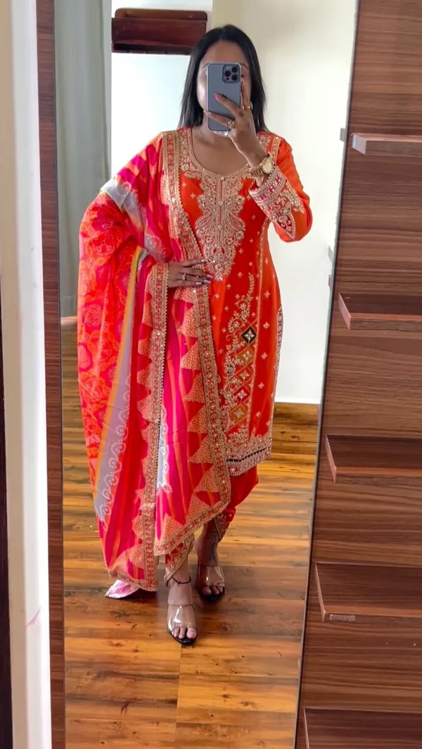 Orange_Designer_Reddy_To_Wear_Party_Wear_Look_Top_,Dhoti_Salwar_And_Dupatta_For_Women