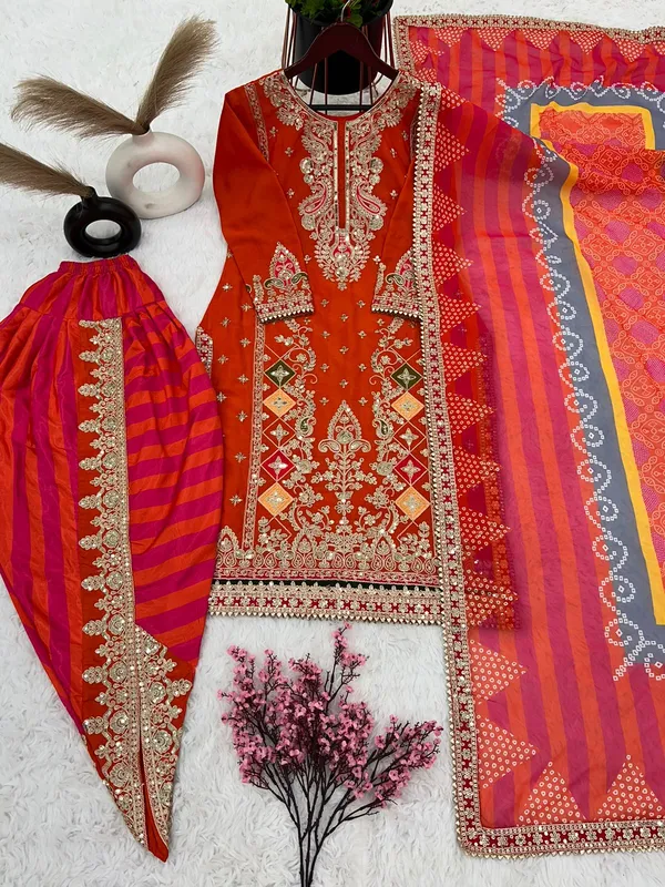 Orange_Designer_Reddy_To_Wear_Party_Wear_Look_Top_,Dhoti_Salwar_And_Dupatta_For_Women