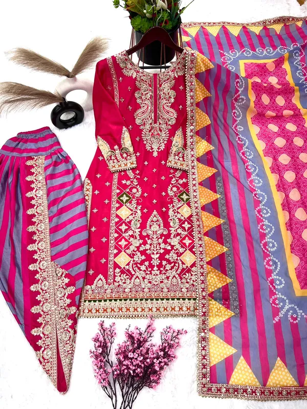 Pink_Designer_Party_Wear_Look_Ready_To_Wear_Top_,Dhoti_Salwar_And_Dupatta__For_Women