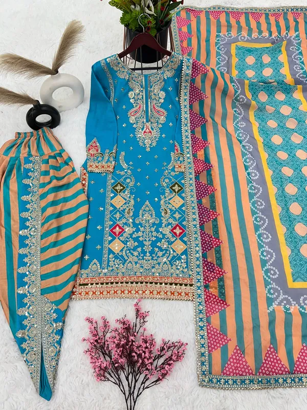 Sky_Designer_Party_Wear_Look_Top_,Dhoti_Salwar_And_Dupatta_Reddy_To_Wear_For_Women
