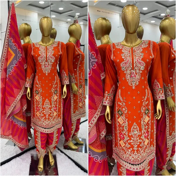 Orange_Designer_Reddy_To_Wear_Party_Wear_Look_Top_,Dhoti_Salwar_And_Dupatta_For_Women