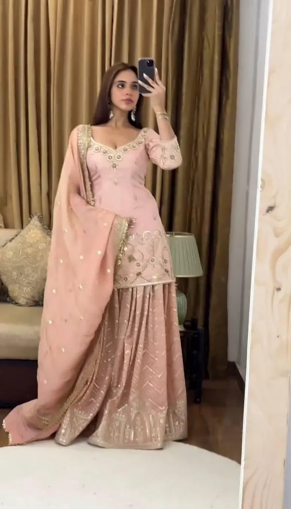 Peach_Designer_Party_Wear_Look_Fancy_Top-Dupatta_And_Fully_Stitched_Gharara_For_Women