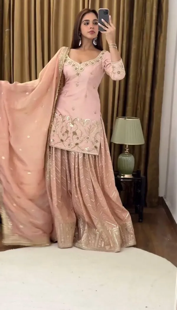 Peach_Designer_Party_Wear_Look_Fancy_Top-Dupatta_And_Fully_Stitched_Gharara_For_Women