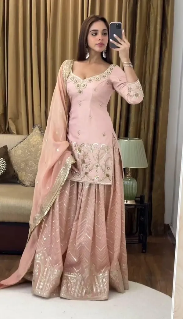 Peach_Designer_Party_Wear_Look_Fancy_Top-Dupatta_And_Fully_Stitched_Gharara_For_Women