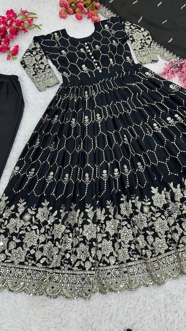 Black_Designer_Party_Wear_Look_Full_Heavy_Embroidery_Sequence_Work_Gown_With_Fully_Stiched_Bottom_And_Dupatta_For_Women