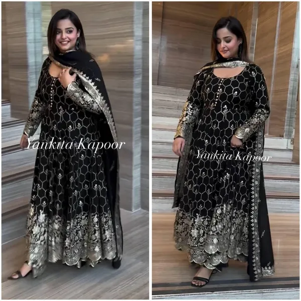 Black_Designer_Party_Wear_Look_Full_Heavy_Embroidery_Sequence_Work_Gown_With_Fully_Stiched_Bottom_And_Dupatta_For_Women