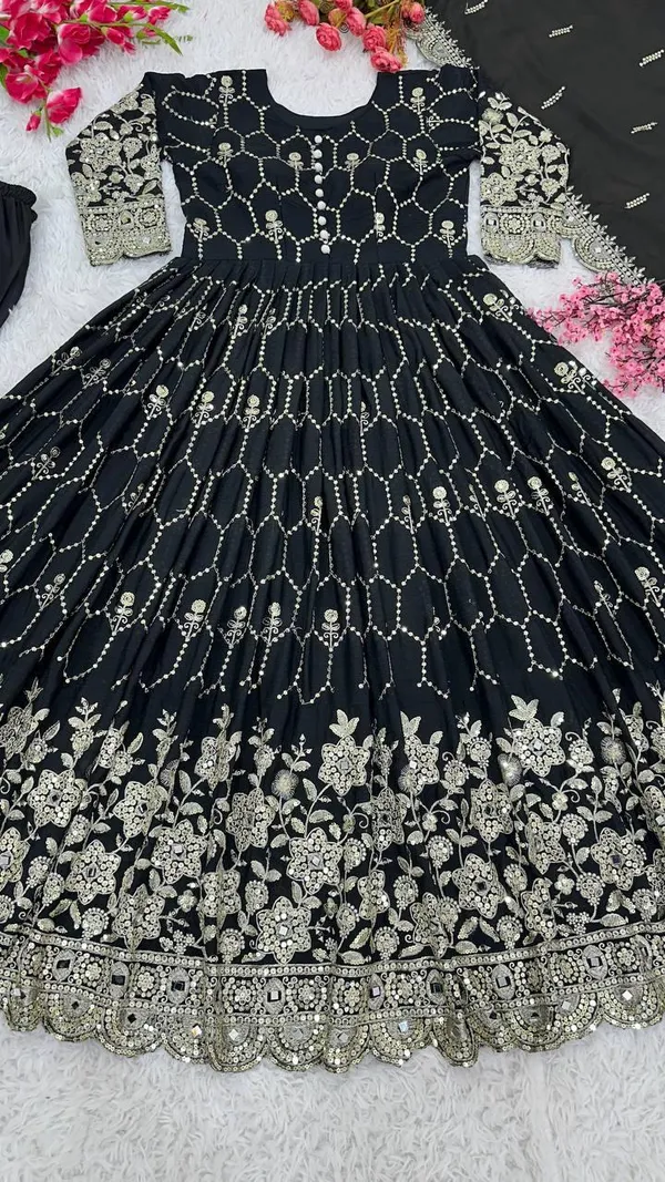 Black_Designer_Party_Wear_Look_Full_Heavy_Embroidery_Sequence_Work_Gown_With_Fully_Stiched_Bottom_And_Dupatta_For_Women