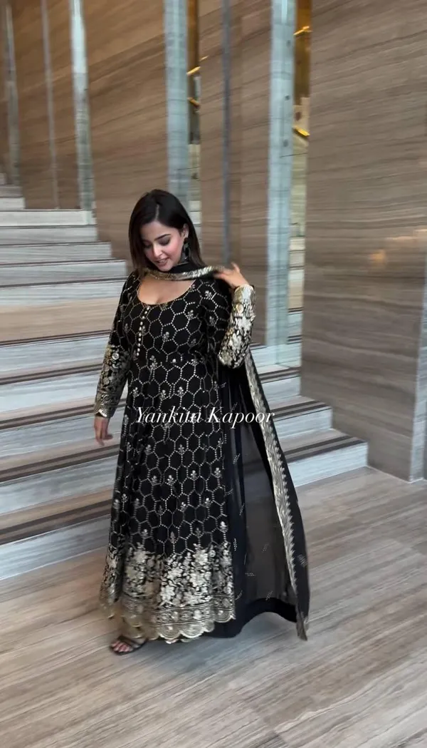 Black_Designer_Party_Wear_Look_Full_Heavy_Embroidery_Sequence_Work_Gown_With_Fully_Stiched_Bottom_And_Dupatta_For_Women
