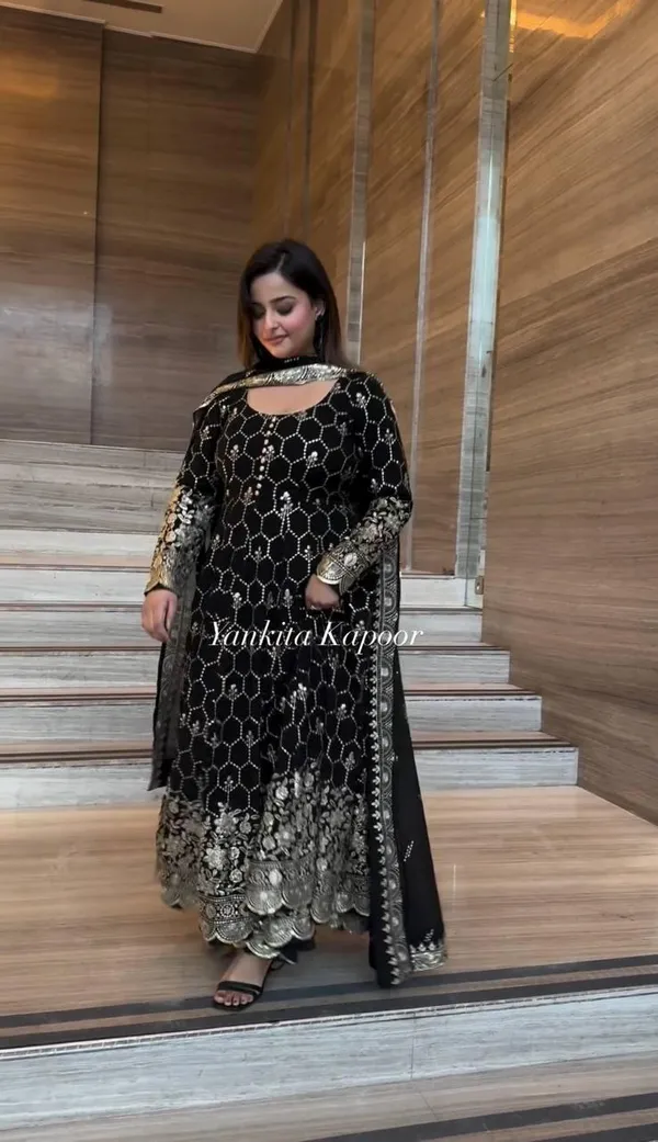 Black_Designer_Party_Wear_Look_Full_Heavy_Embroidery_Sequence_Work_Gown_With_Fully_Stiched_Bottom_And_Dupatta_For_Women