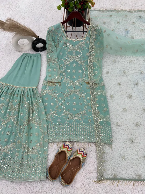 Aqua_Blue_Sharara_Faux_Georgette__Fully_Stitched__Top-Bottom_And_Dupatta_Set_For_Women