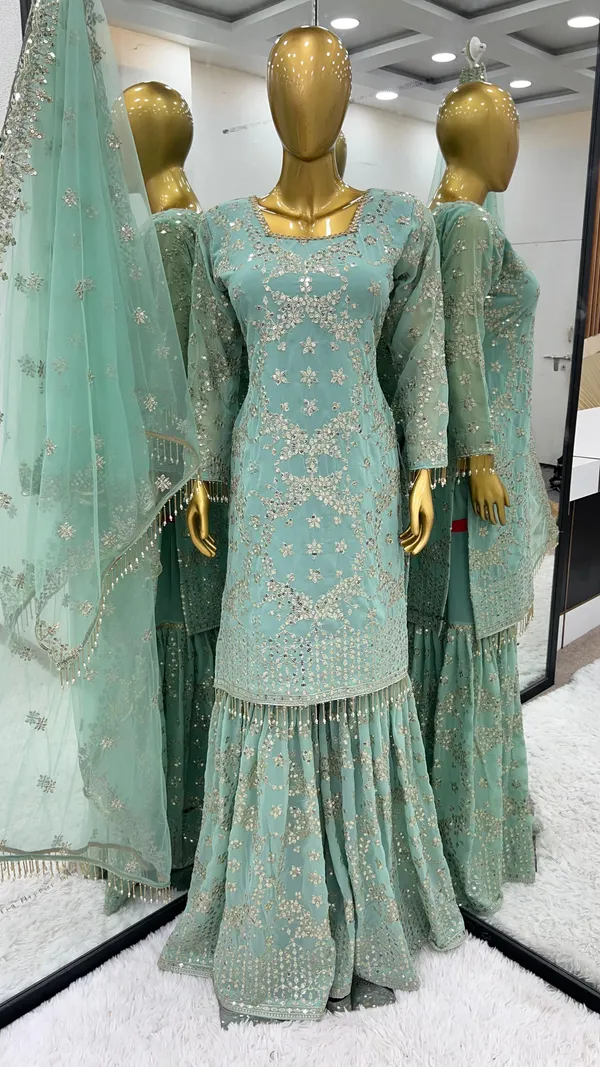 Aqua_Blue_Sharara_Faux_Georgette__Fully_Stitched__Top-Bottom_And_Dupatta_Set_For_Women