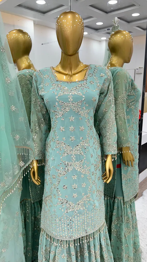 Aqua_Blue_Sharara_Faux_Georgette__Fully_Stitched__Top-Bottom_And_Dupatta_Set_For_Women