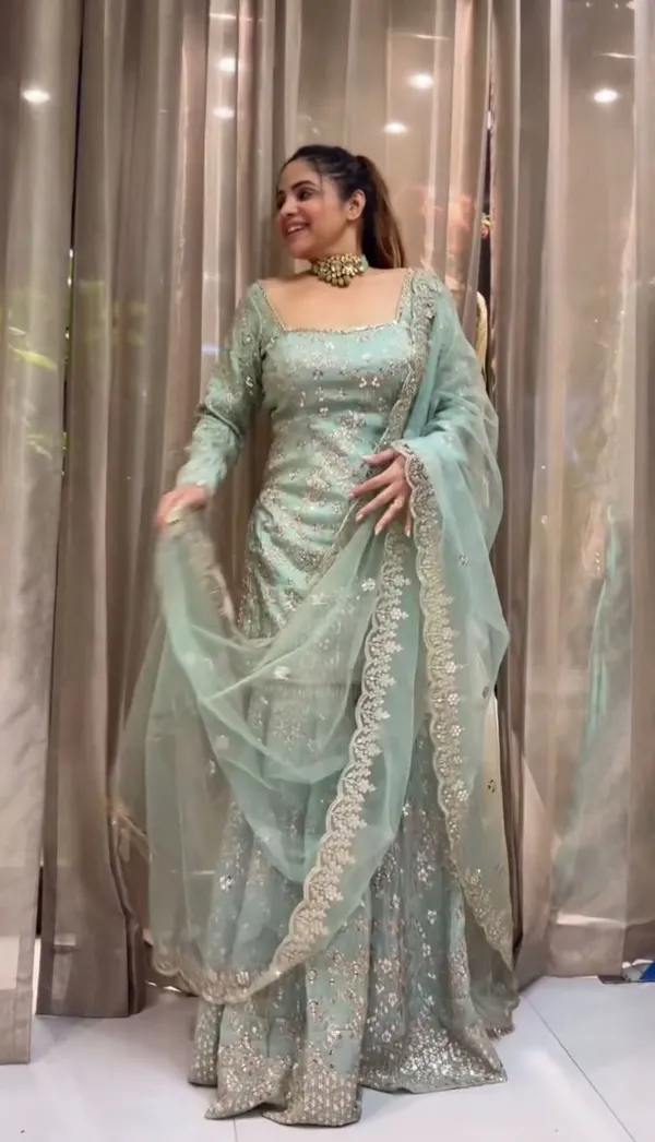 Aqua_Blue_Sharara_Faux_Georgette__Fully_Stitched__Top-Bottom_And_Dupatta_Set_For_Women