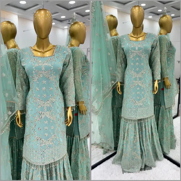 Aqua_Blue_Sharara_Faux_Georgette__Fully_Stitched__Top-Bottom_And_Dupatta_Set_For_Women