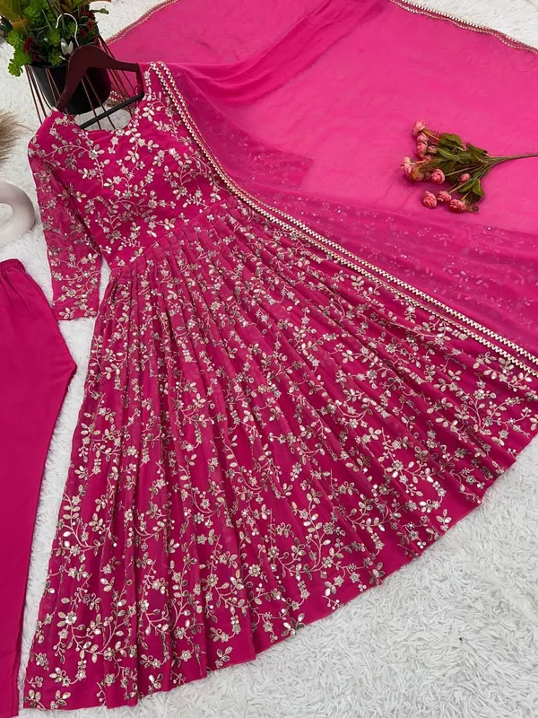 Pink_Designer_Fully_Stitched_Faux_Georgette_With_Embroidery_Work_Gown_And_Dupatta_Set_For_Women