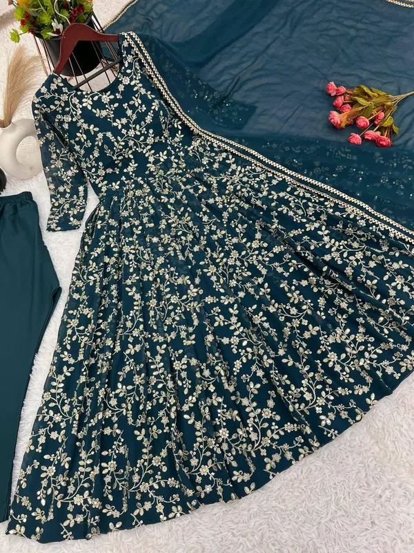Blue_Designer_Fully_Stitched_Faux_Georgette_With_Embroidery_Work_Gown_And_Dupatta_Set_For_Women