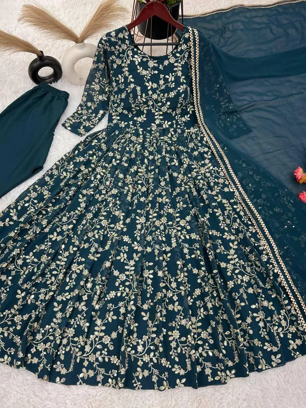 Blue_Designer_Fully_Stitched_Faux_Georgette_With_Embroidery_Work_Gown_And_Dupatta_Set_For_Women
