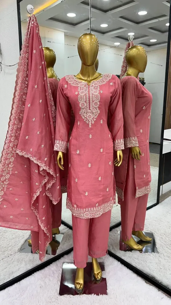Peach_Designer_Fully_Stitched_Ready_To_Wear_Pure_Chinnon_With_Embroidery_Sequence_Work_Top-Bottom_And_Dupatta_Set_For_Women